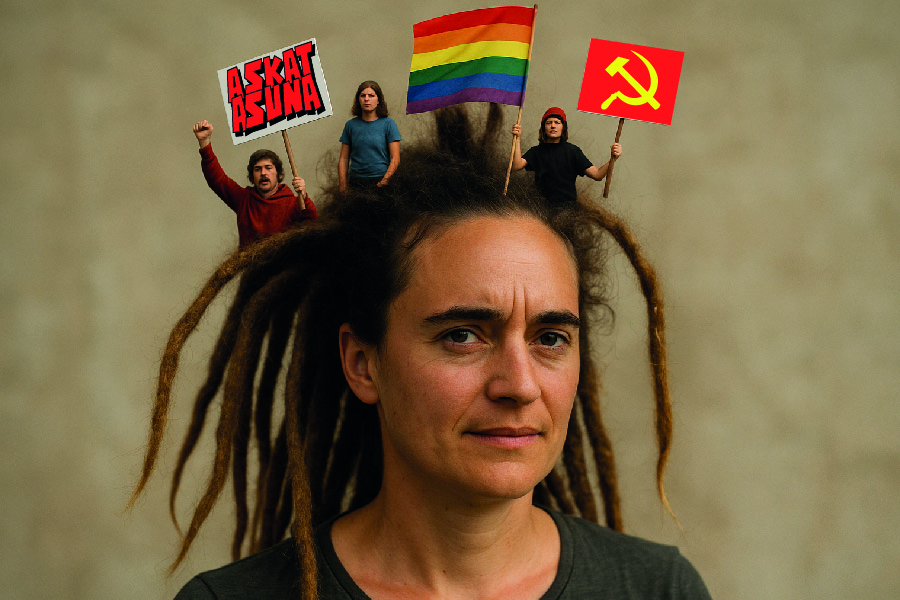 Carola Rackete con piccoli antifascisti e attivisti arcobaleno che le spuntano dai dreadlocks.