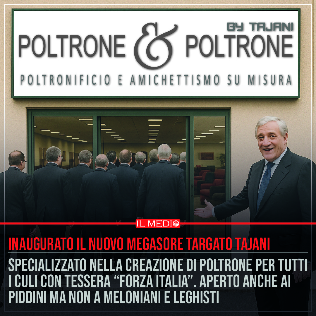 Antonio Tajani davanti al negozio “Poltrone & Poltrone” con politici in fila