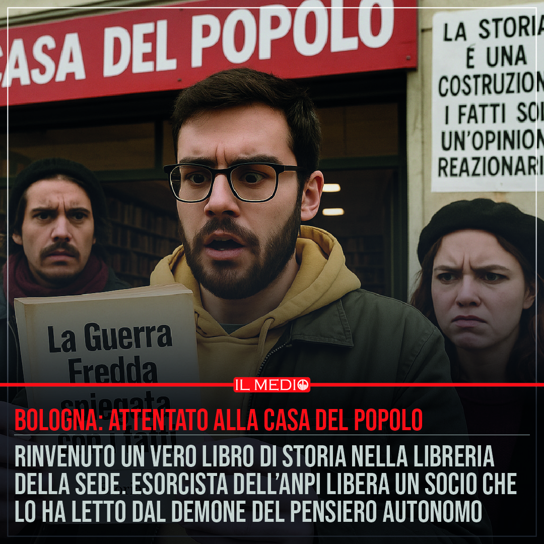 Tre volti seri sullo sfondo della Casa del Popolo con scritta "Attentato". Titoli provocatori e satirici in stile Il Medio.