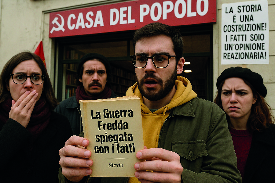 Tre militanti della Casa del Popolo mostrano un libro di storia vera come se fosse materiale proibito.