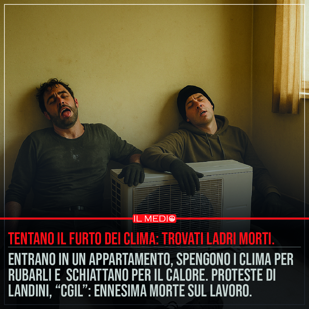 Due ladri sudati e stecchiti accanto a un condizionatore rubato spento, in un appartamento rovente.