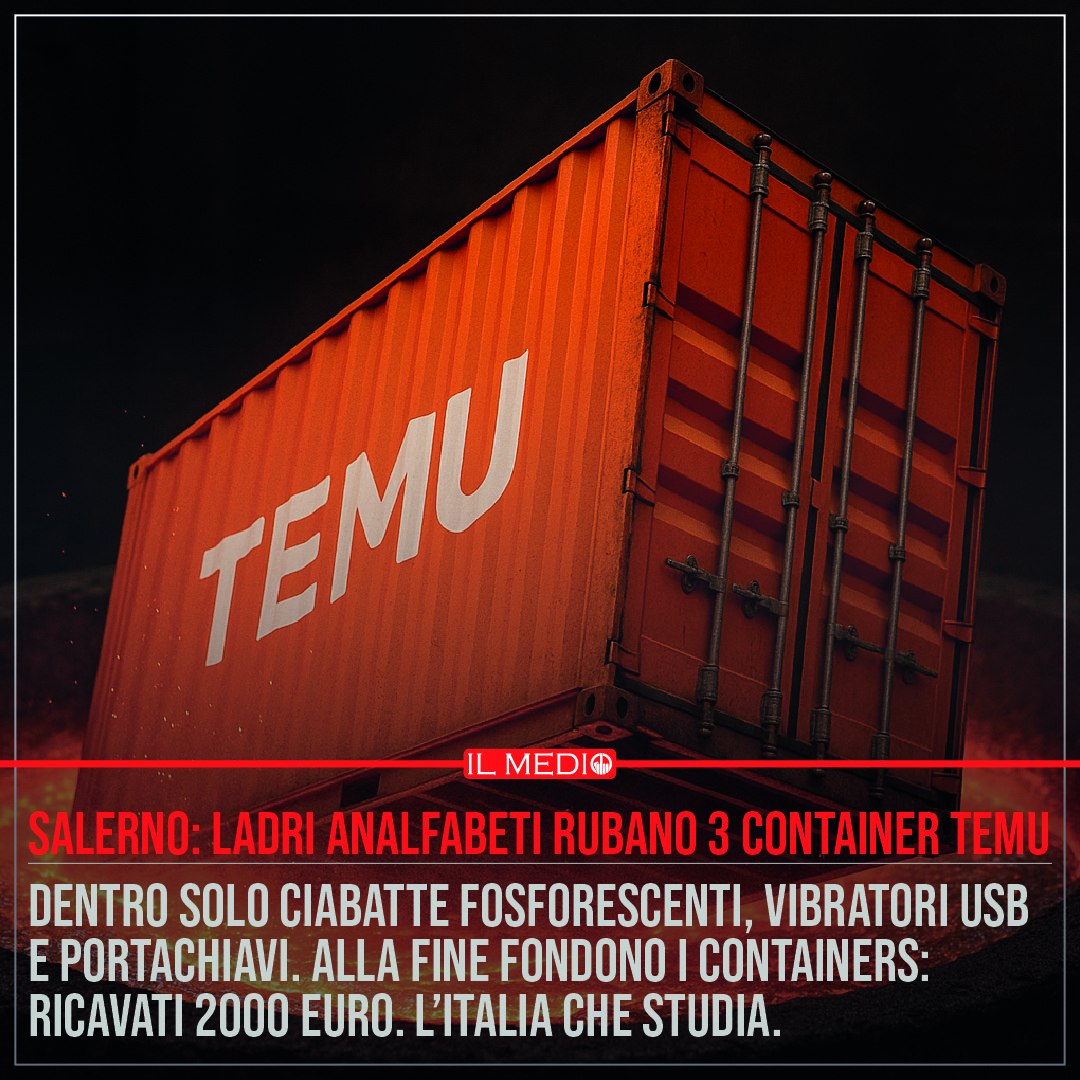 Container TEMU inclinato mentre sprofonda in un crogiolo di metallo fuso