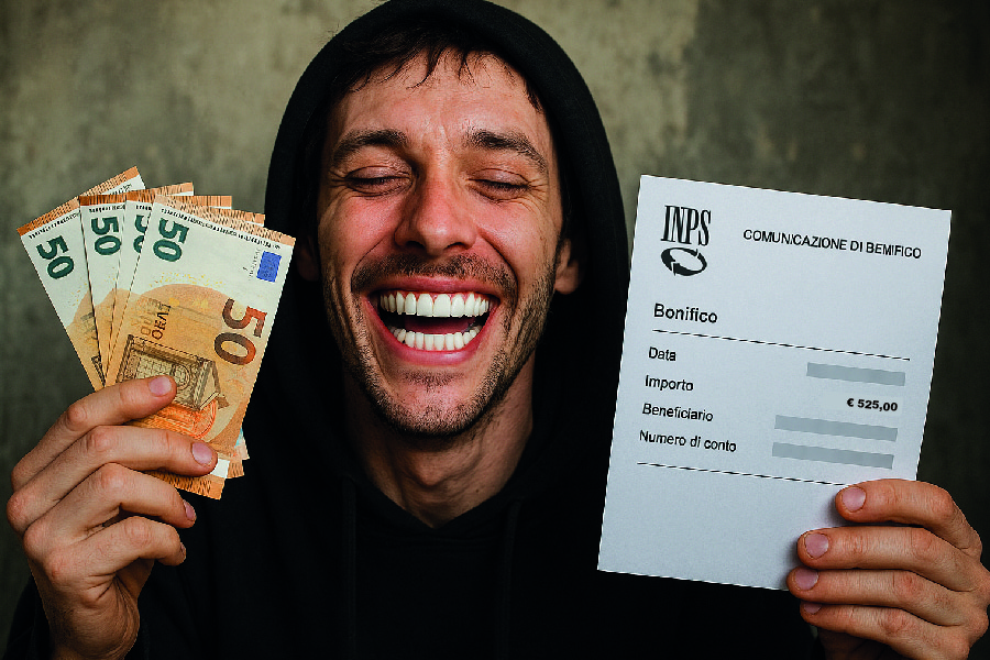 Tossico sorridente con cappuccio, banconote in una mano e comunicazione INPS nell'altra – satira sul parassitismo sociale