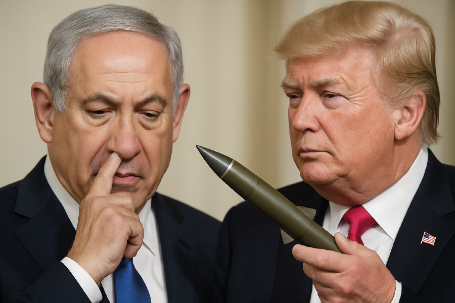 Benjamin Netanyahu disperato mentre Donald Trump gli promette altri missili USA dopo lo stop simbolico della Slovenia alle esportazioni di armi verso Israele.